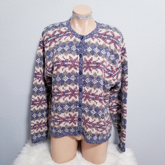 Vintage Sweaters - Vintage 80's retro wool Grannycore print mom cardigan button sweater LARGE